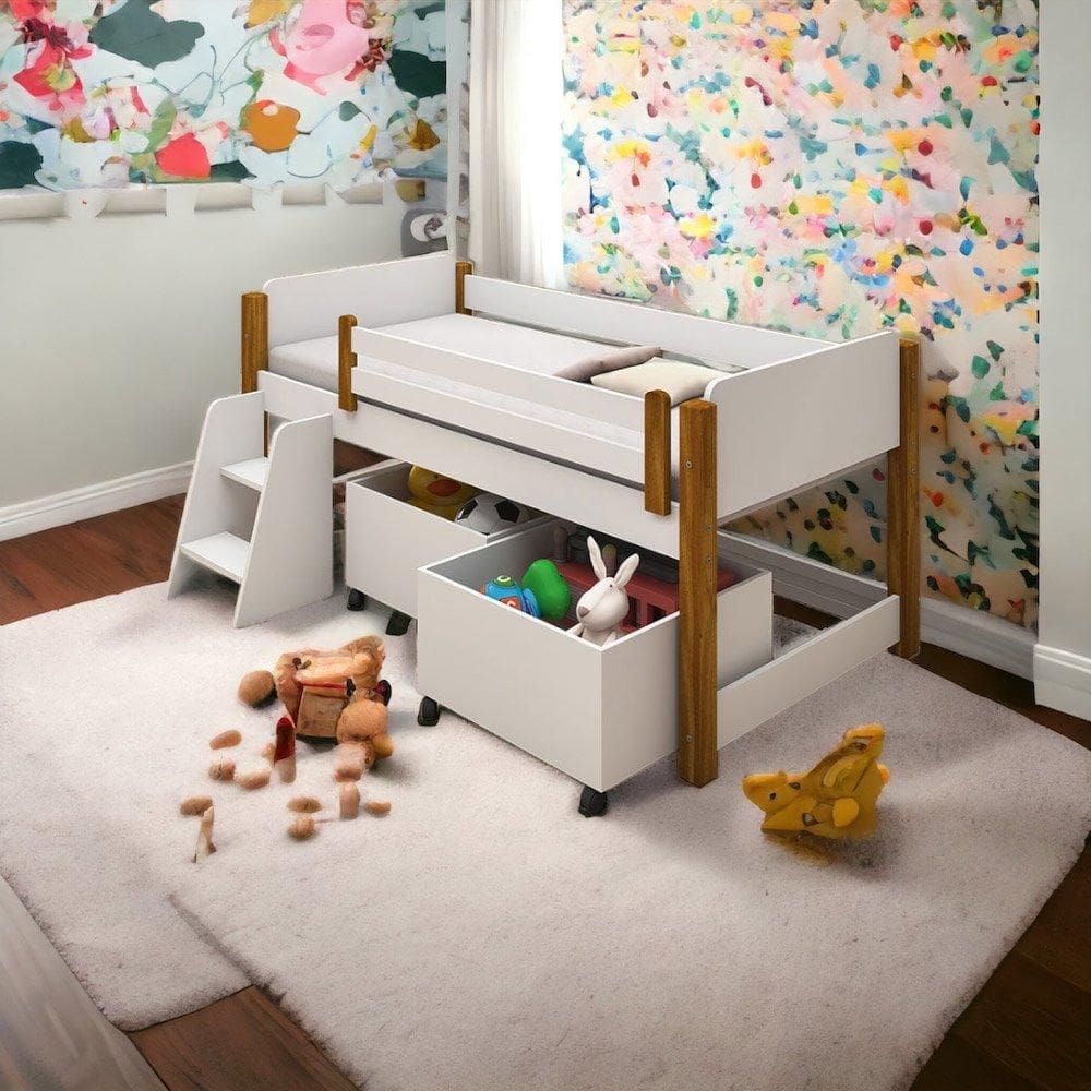 Cama Paty Branco/néctar das flores c/ 2 Nichos e Escadinha