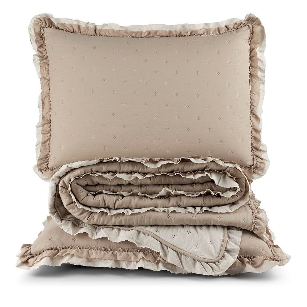 Kit Cobre Leito Colcha Vitta Casal Padrão Matelado c/ Babadinhos 200 Fios 3 Peças Bege