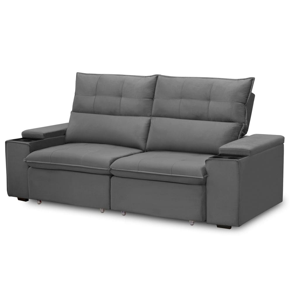 Sofá Retrátil Reclinável Para Sala 3 Lugares 210cm Niels F04 Veludo Cinza Escuro - Lyam Decor