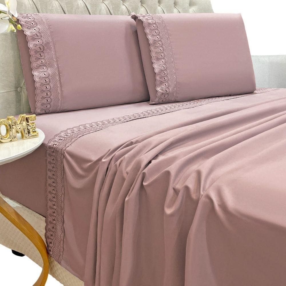 Jogo Lençol Casal Grace Bordado 4pç 100% Poliéster - Malva