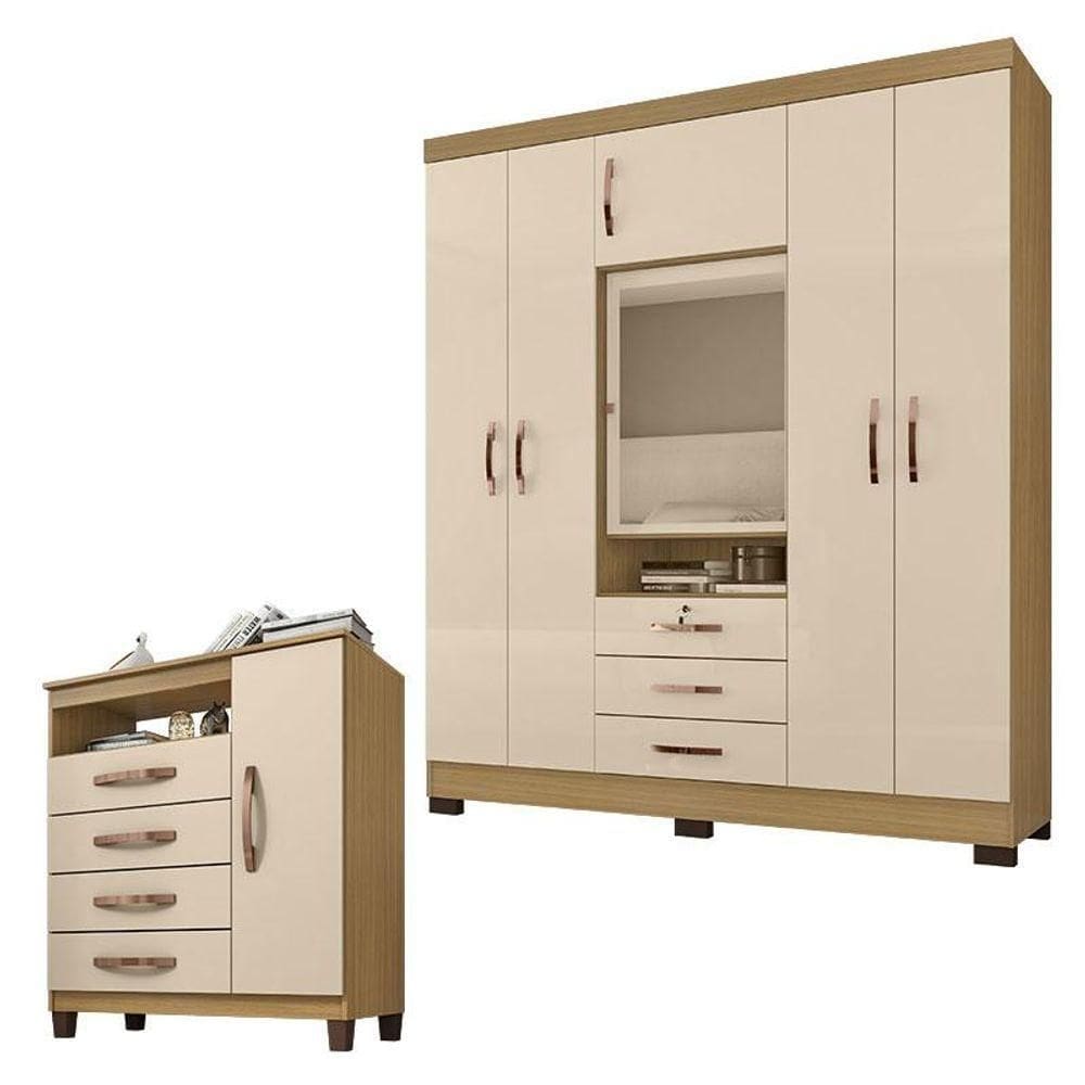 Guarda Roupa Casal Imperial Com Cômoda Sapateira Cannes Carvalho Americano Off White - Incorplac