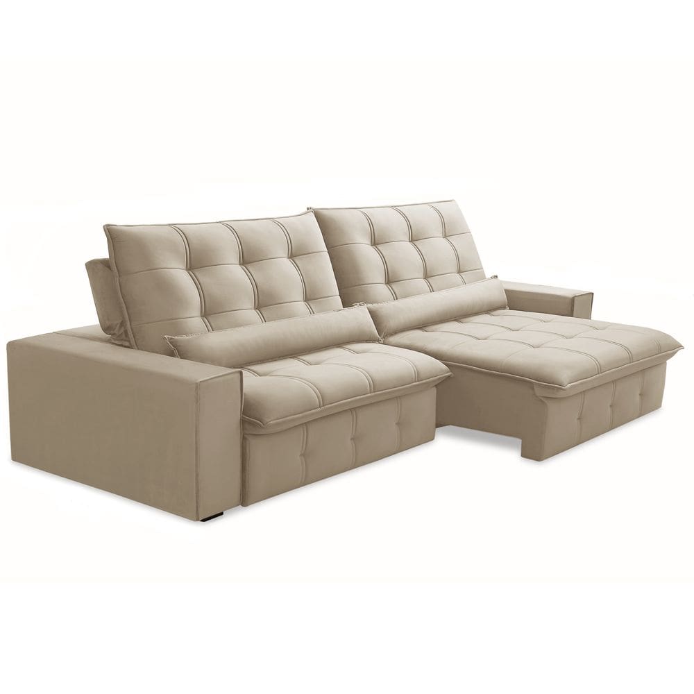 Sofá Retrátil Reclinável Para Sala 4 Lugares 290cm Curie F04 Veludo Bege - Lyam Decor