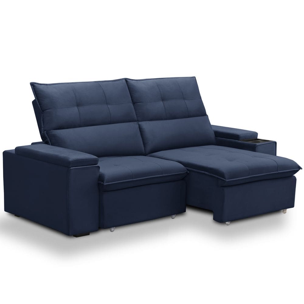 Sofá Retrátil Reclinável Para Sala 3 Lugares 230cm Niels F04 Veludo Azul - Lyam Decor