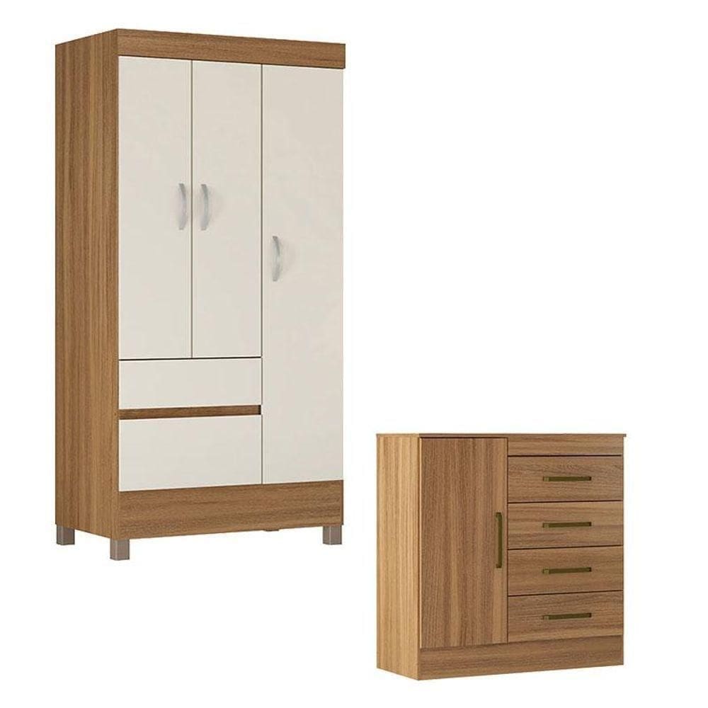 Cômoda Montevidéu E Guarda Roupa Solteiro Amêndola Off White - Demóbile