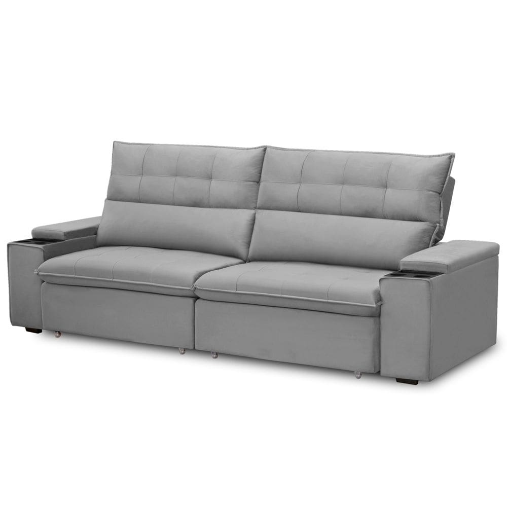 Sofá Retrátil Reclinável Para Sala 3 Lugares 250cm Niels F04 Veludo Cinza Claro - Lyam Decor
