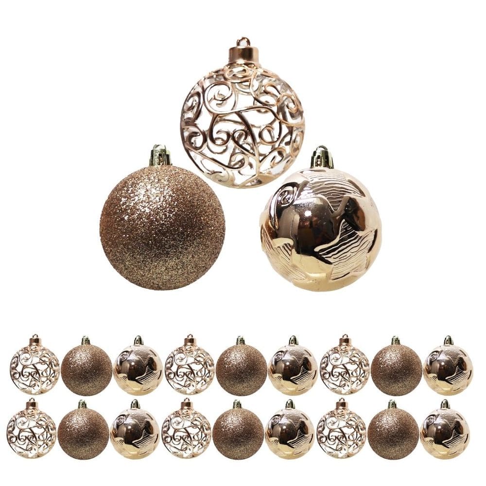 Kit 18 Bolas de Natal Champanhe Luxo 6cm Mistas com Glitter, Estrela, Arabesco e Vazado