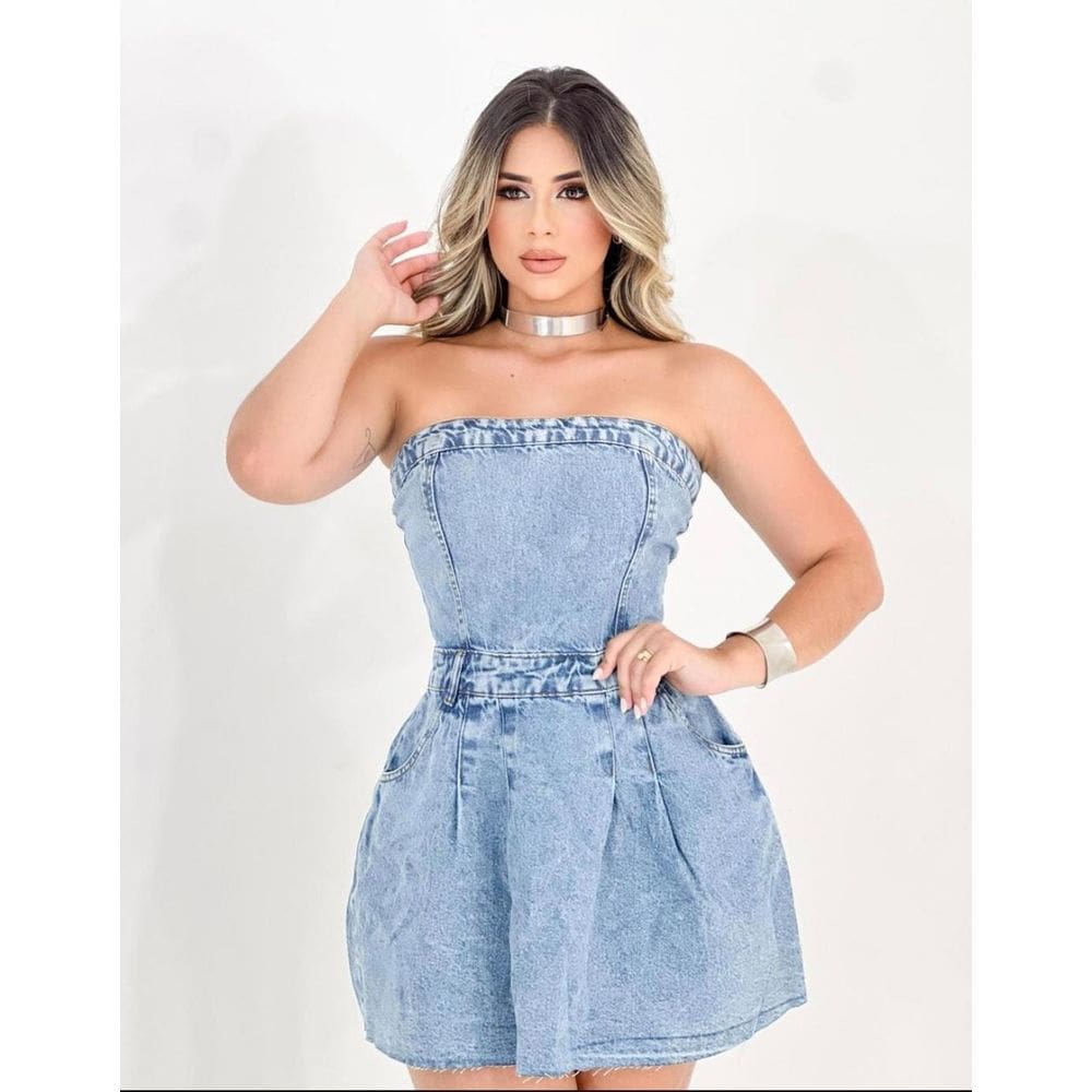 Vestido Jeans Curto Tomara Que Caia Fecho Ziper Nas Costas