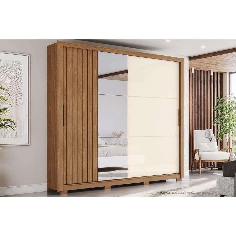 Guarda Roupa Solteiro 2 Portas De Correr (1 C/ Espelho) E 4 Gavetas C/ Pés Vasti Nature/off White - Henn