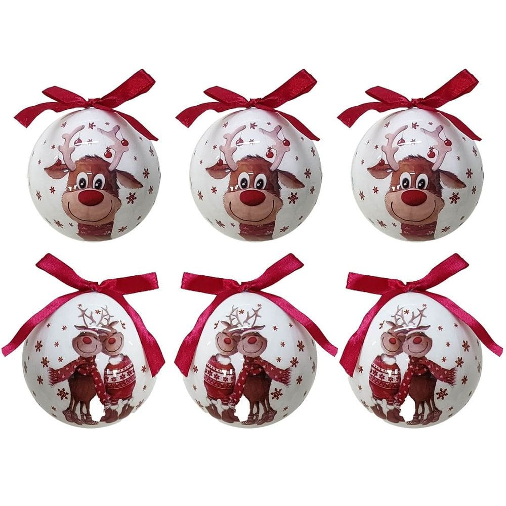 Conjunto 6 Bolas de Natal Decorada Branco Laqueado Premium Renas Love Com Laço Vermelho 7,5cm