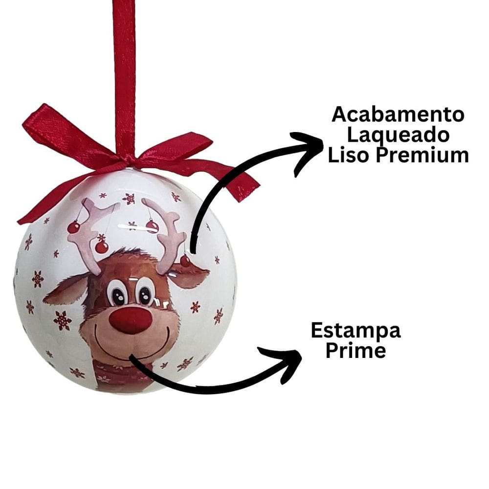 Kit 2 Bolas de Natal Decoradas Brancas Estampa Rena Love e Laço Vermelho 7,5cm