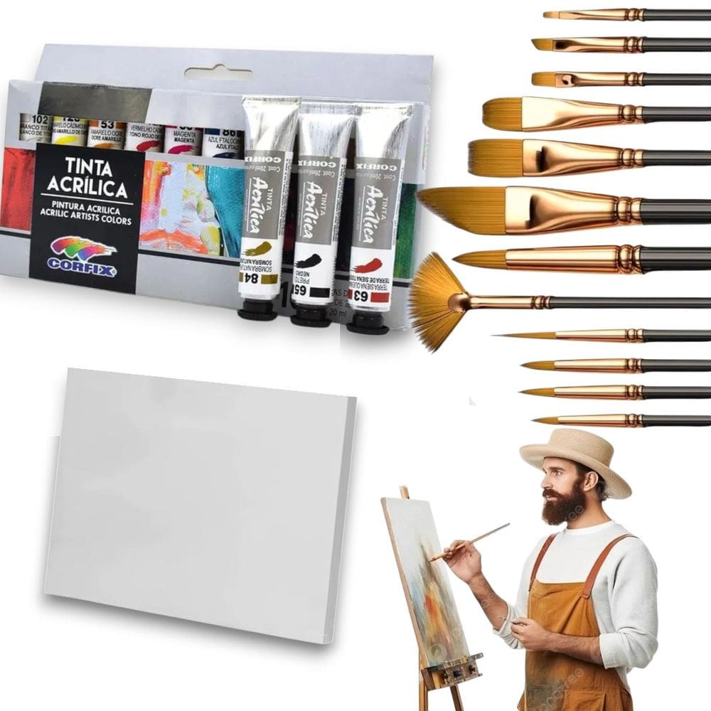 Kit Pintura Artística Acrílica Tinta corfix Pinceis Tela