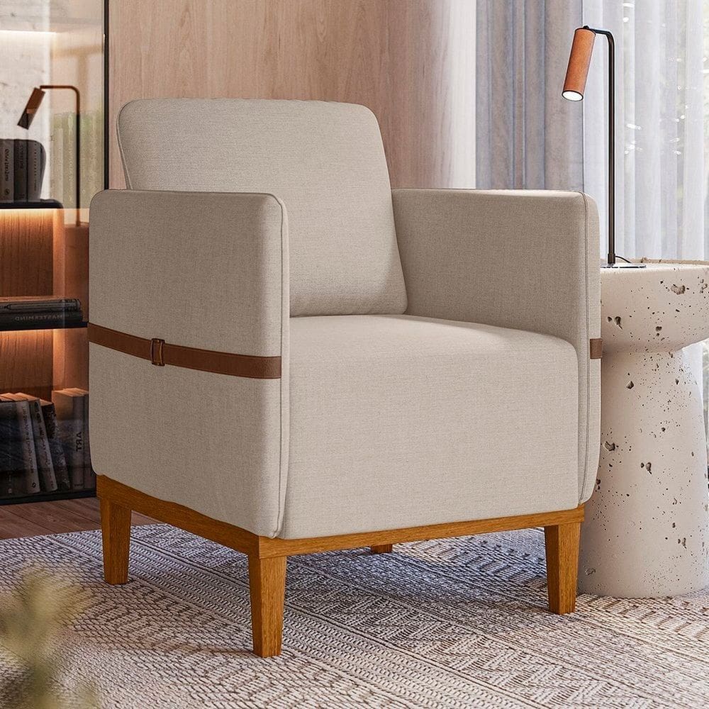 Poltrona Decorativa Estofada com Pés em Madeira Maciça Estelí Espresso Móveis Linho Bege Claro/Sintético Caramelo