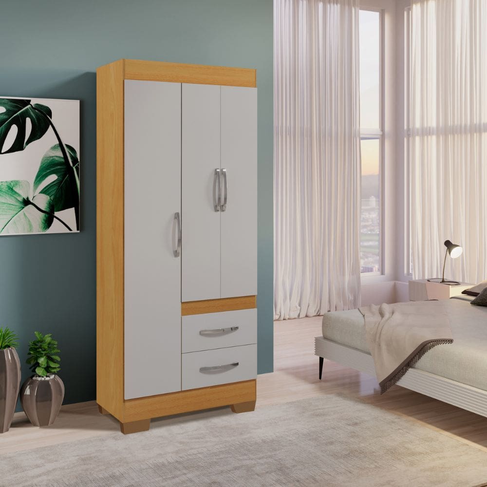 Guarda-Roupa Solteiro 3 Portas 2 Gavetas Peroba/Off White RP152 Rei Móveis