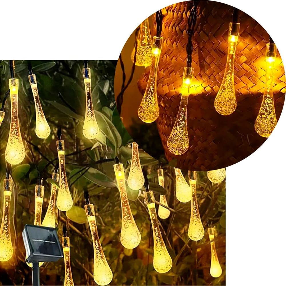 Pisca Cordão Natal Gotas Solar Externo De 5M 20 LEDs Amarelo