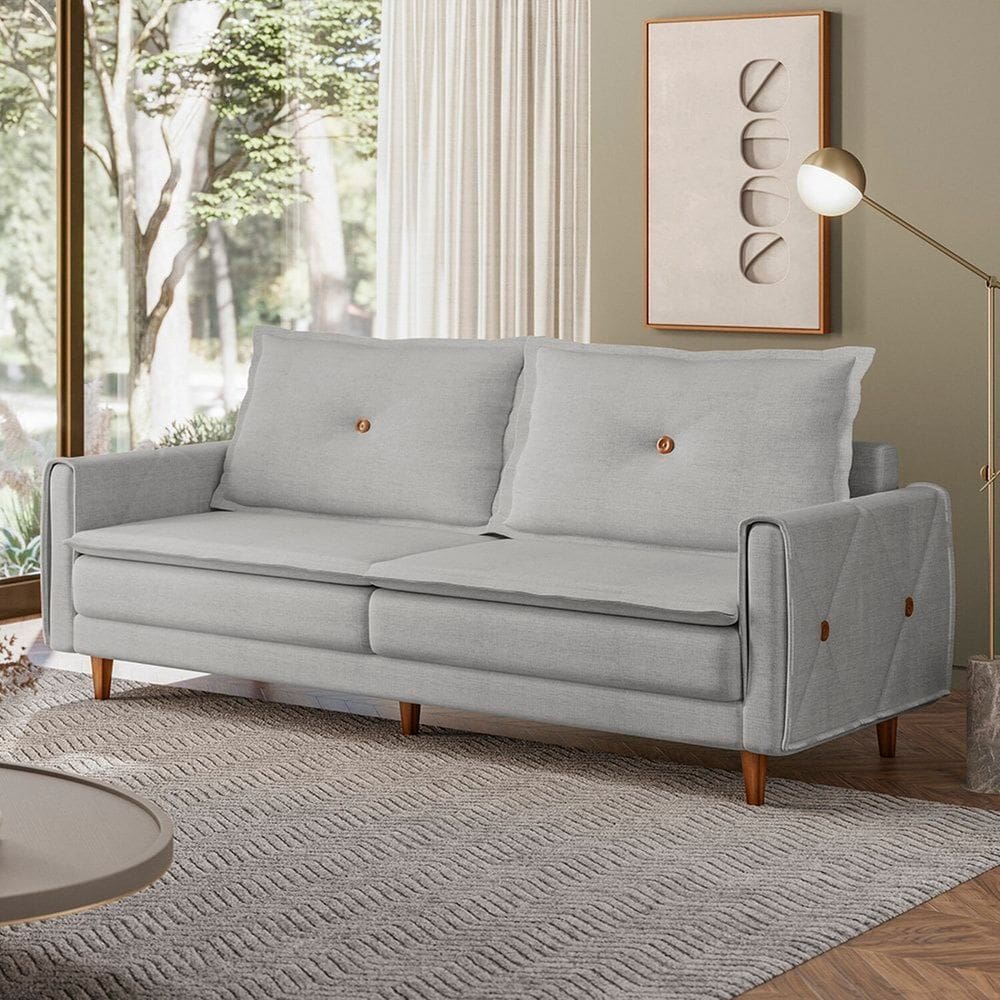 Sofá Living 3 Lugares com Pés em Madeira Maciça 210cm Sololá Espresso Móveis Linho Cinza Claro