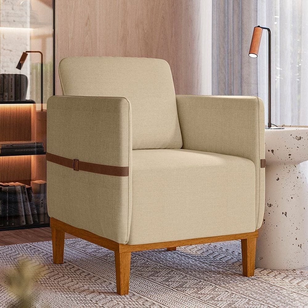 Poltrona Decorativa Estofada com Pés em Madeira Maciça Estelí Espresso Móveis Linho Bege/Sintético Caramelo
