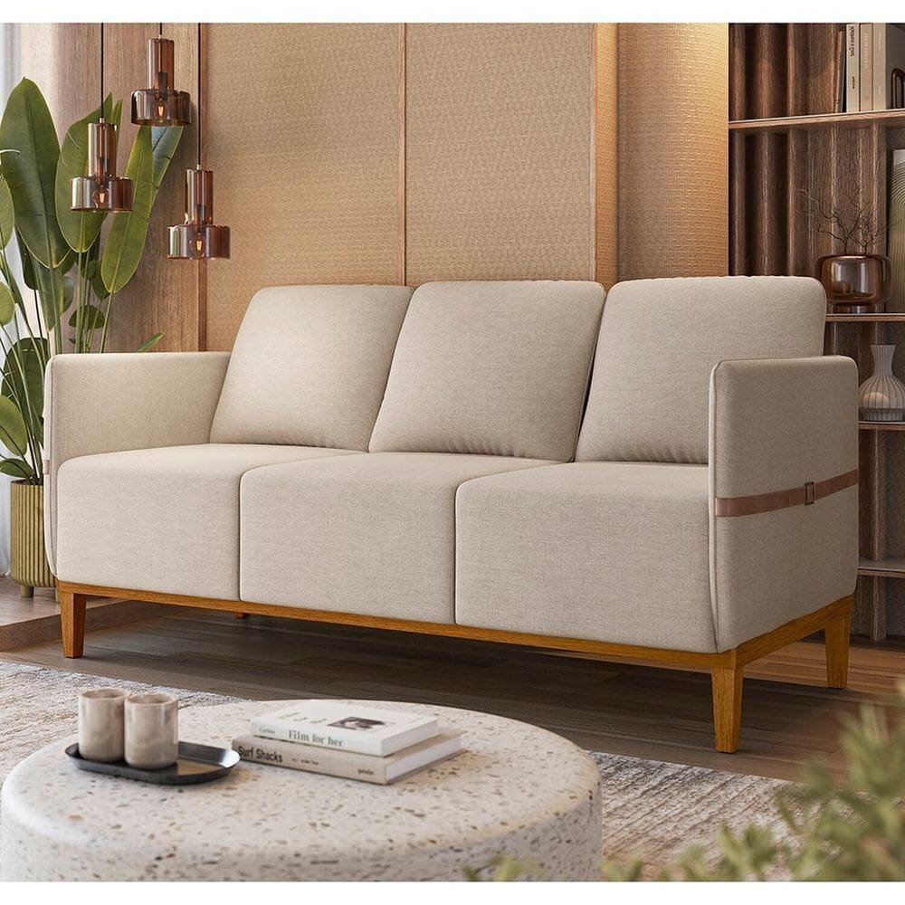 Sofá Living 3 Lugares com Pés em Madeira Maciça 187cm Estelí Espresso Móveis Linho Bege Claro/Sintético Caramelo