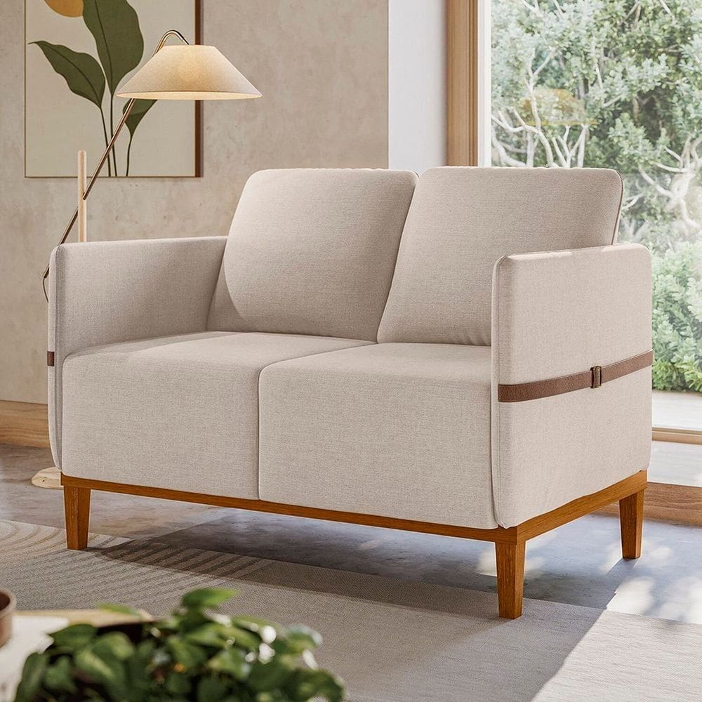 Sofá Living 2 Lugares com Pés em Madeira Maciça 129cm Estelí Espresso Móveis Linho Bege Claro/Sintético Caramelo