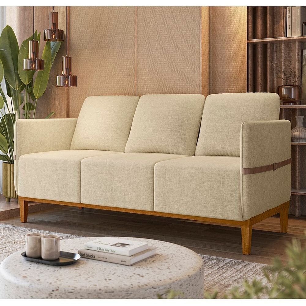 Sofá Living 3 Lugares com Pés em Madeira Maciça 187cm Estelí Espresso Móveis Linho Bege/Sintético Caramelo