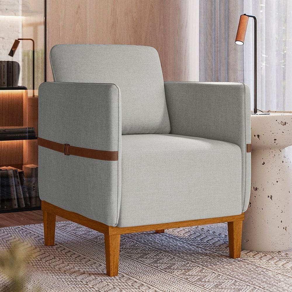 Poltrona Decorativa Estofada com Pés em Madeira Maciça Estelí Espresso Móveis Linho Cinza Claro/Sintético Caramelo