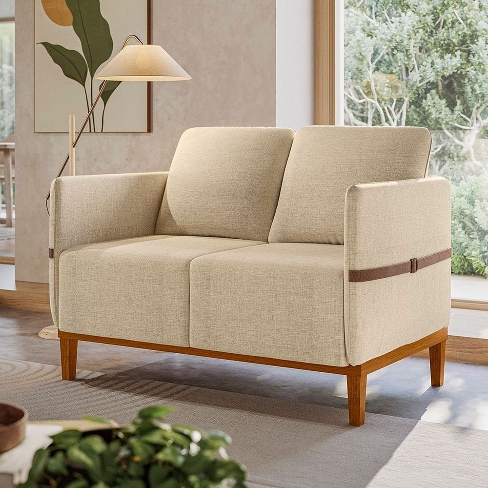 Sofá Living 2 Lugares com Pés em Madeira Maciça 129cm Estelí Espresso Móveis Linho Bege/Sintético Caramelo
