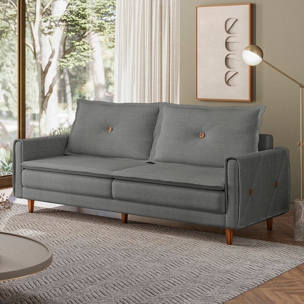 Sofá Living 3 Lugares com Pés em Madeira Maciça 210cm Sololá Espresso Móveis Linho Cinza Médio