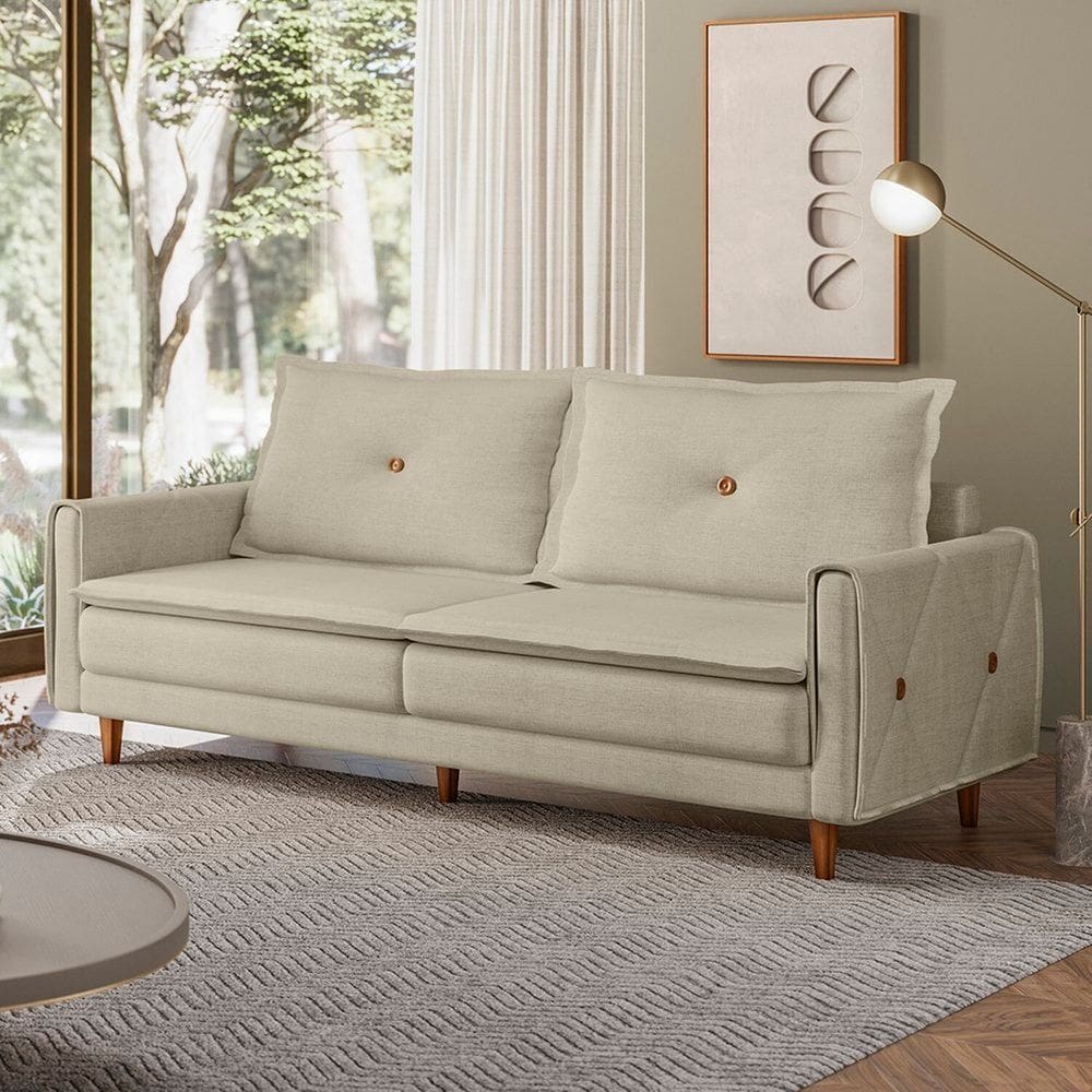 Sofá Living 3 Lugares com Pés em Madeira Maciça 210cm Sololá Espresso Móveis Linho Bege