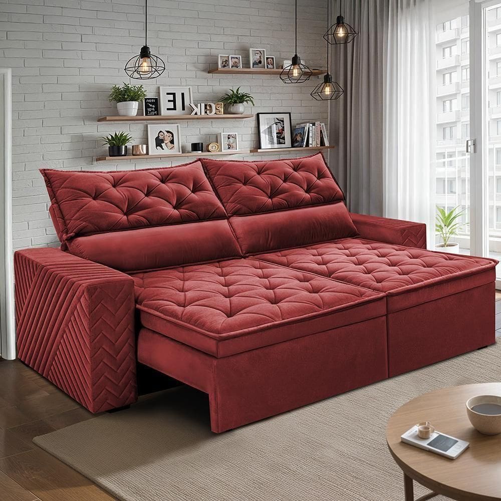 Sofá Retrátil E Reclinável 2,00m Essence. Velusoft Cama Inbox Vermelho