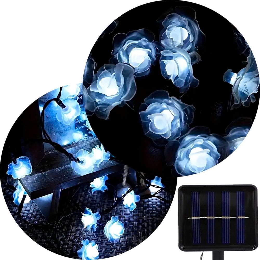 Pisca Cordão Natal Flores Solar Externo De 5M 20LEDs Branco