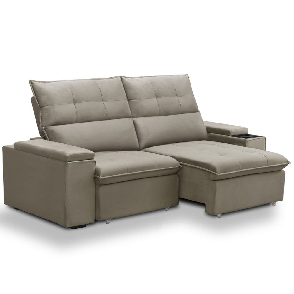 Sofá Retrátil Reclinável Para Sala 3 Lugares 230cm Niels F04 Veludo Amêndoa - Lyam Decor