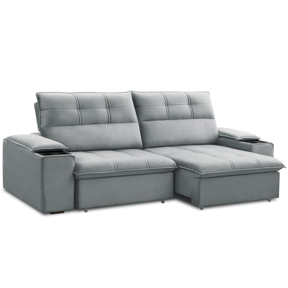 Sofá Retrátil Reclinável Para Sala 3 Lugares 250cm Zayn F04 Veludo Cinza Claro - Lyam Decor