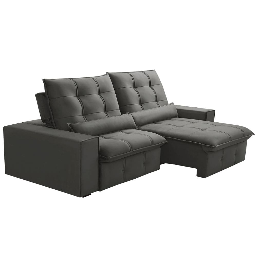 Sofá Retrátil Reclinável Para Sala 3 Lugares 230cm Curie F04 Veludo Cinza Escuro - Lyam Decor