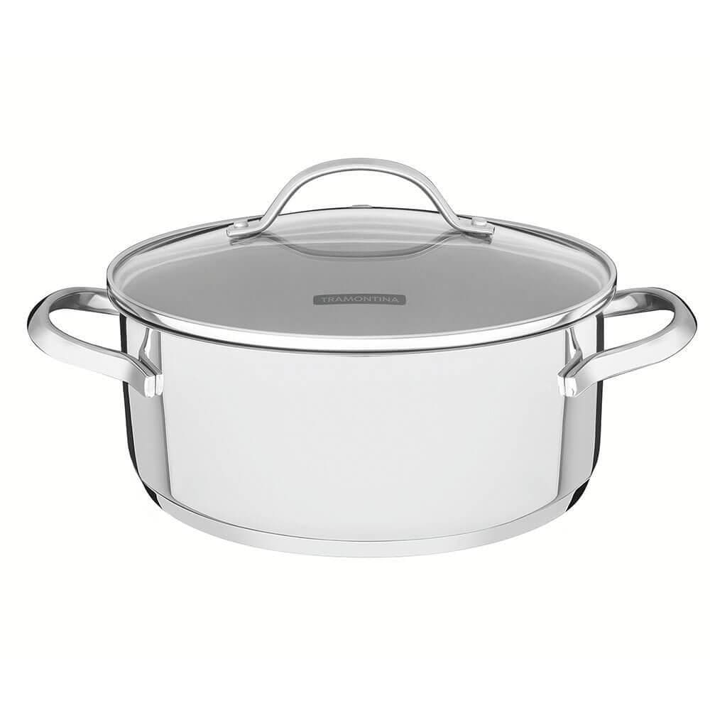 Caçarola Rasa Tramontina Una em Aço Inox com Fundo Triplo e Tampa de Vidro 20 cm 2,9 L 62283200