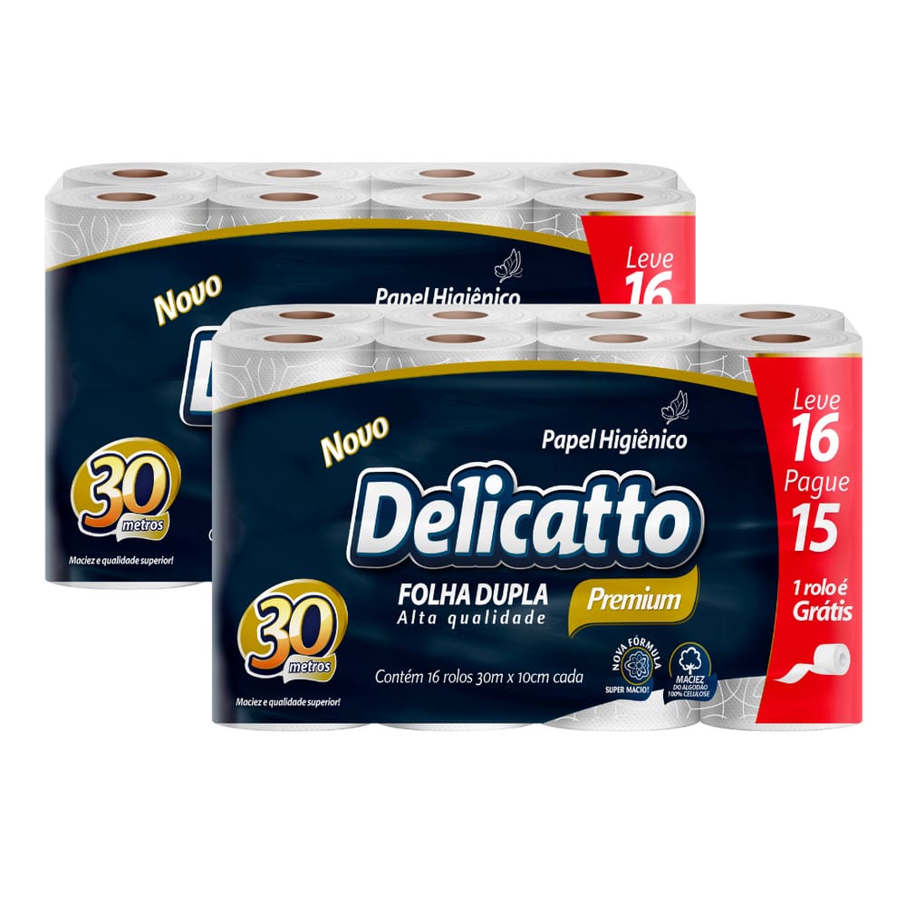 Kit Com 2 Pacotes Papel Higiênico Delicatto Folha Dupla Neutro com 16 Rolos 30M Cada