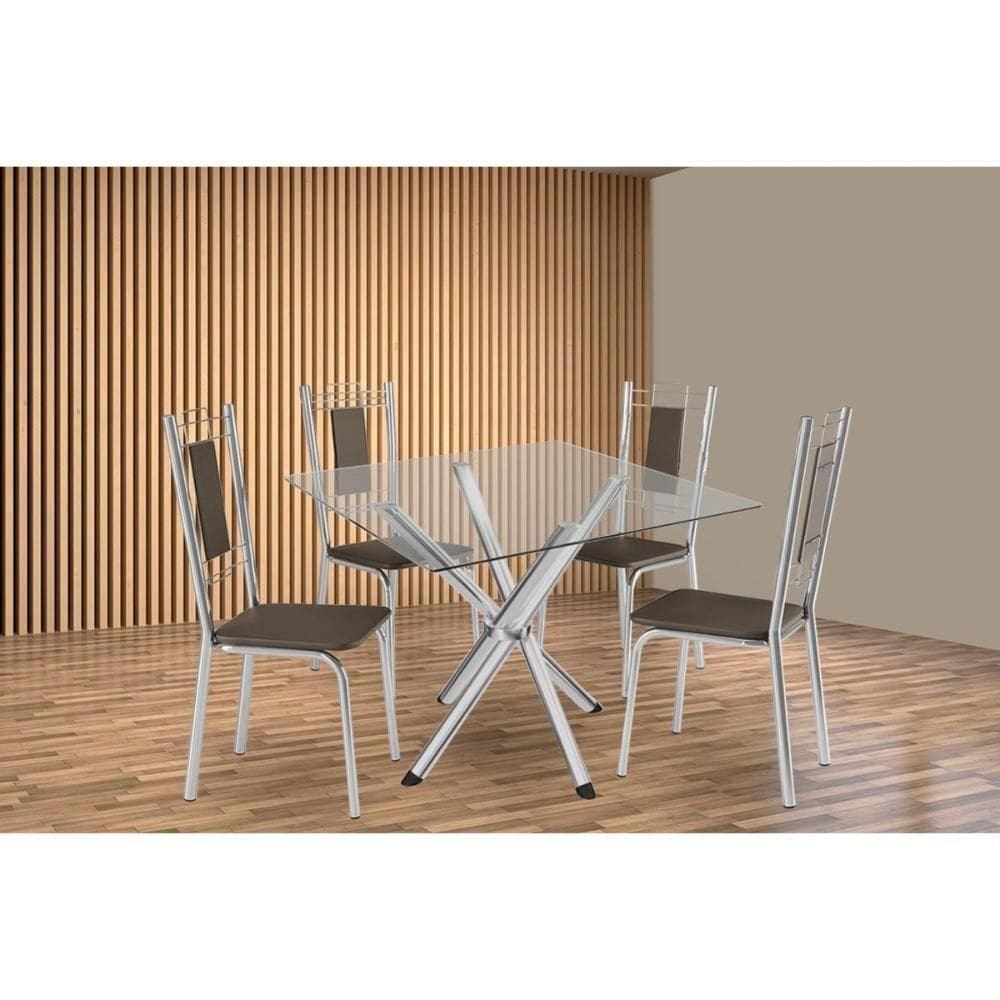 Sala De Jantar Completa Volga C/ Tampo De Vidro 90cm E 4 Cadeiras Florença Cromada - Courano Marrom - Kappesberg