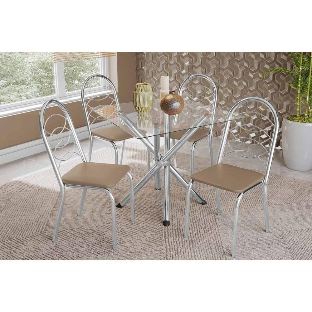 Sala De Jantar Completa Volga C/ Tampo De Vidro 90cm E 4 Cadeiras Holanda Cromada - Courano Bege - Kappesberg
