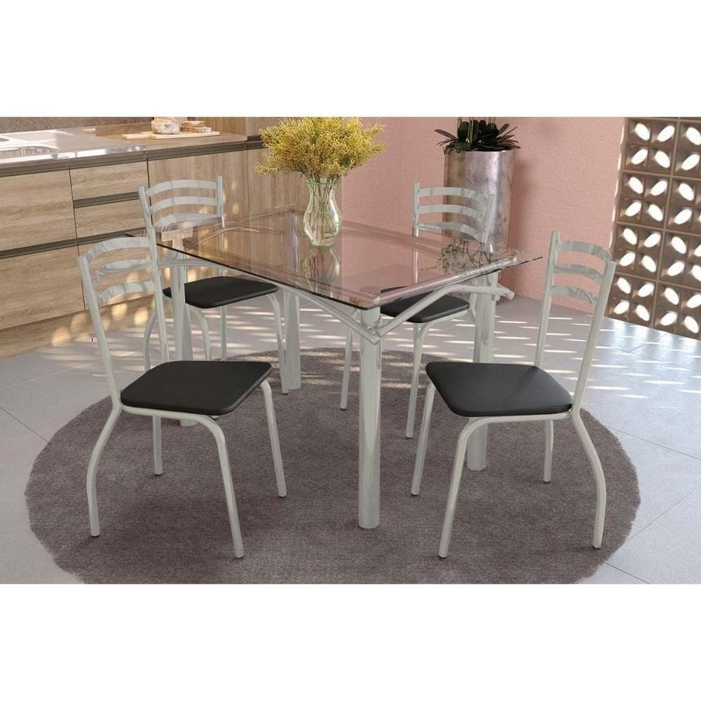 Sala De Jantar Completa Elba C/ Tampo De Vidro 120cm E 4 Cadeiras Portugal Niquel - Courano Preto - Kappesberg