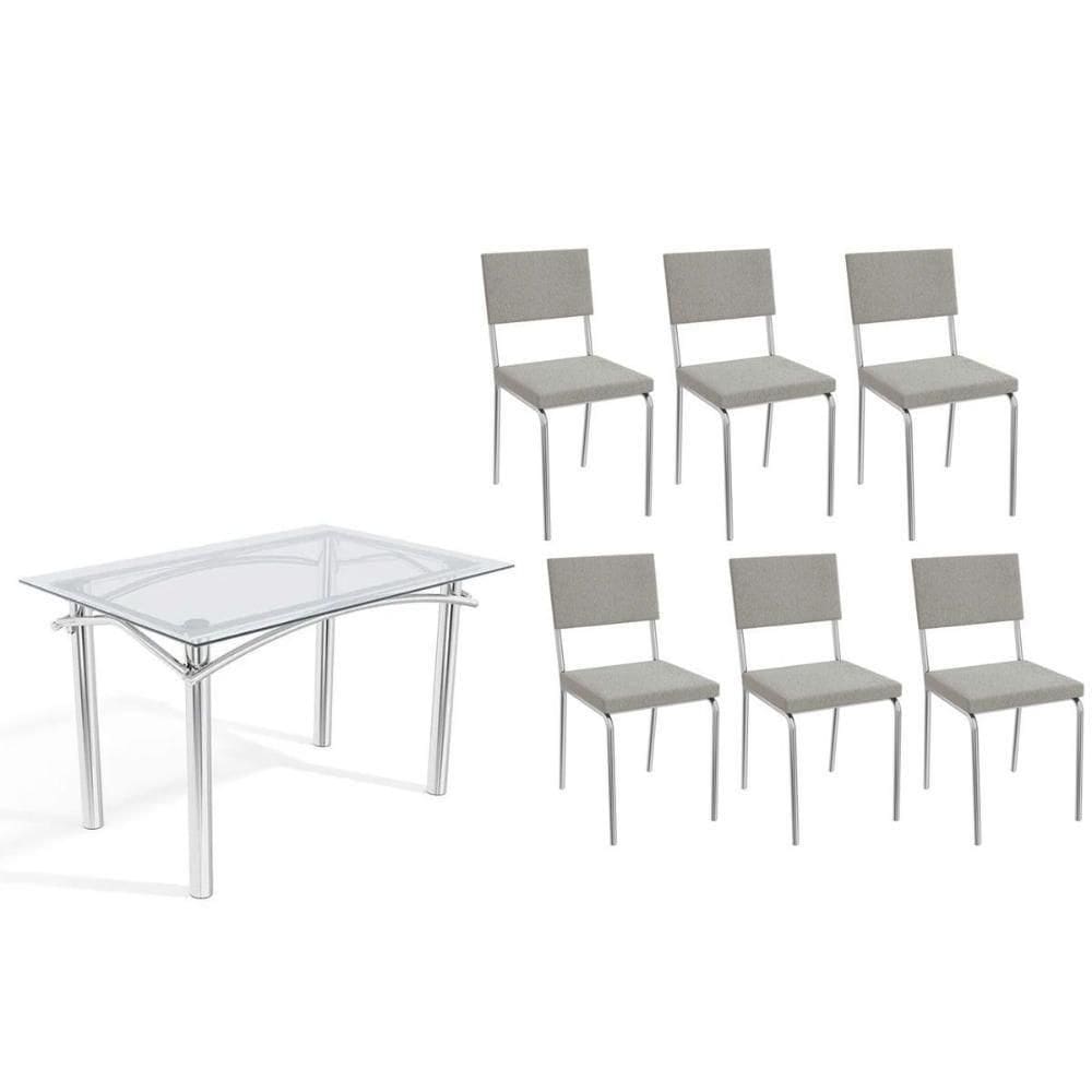 Sala De Jantar Completa Elba C/ Tampo De Vidro 120cm E 6 Cadeiras Zaria Cromada - Boucle Cinza - Kappesberg