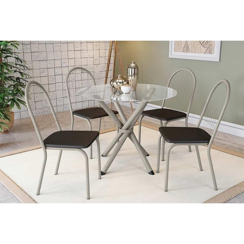 Sala De Jantar Completa Volga C/ Tampo De Vidro 95cm E 4 Cadeiras Noruega Niquel - Courano Preto - Kappesberg