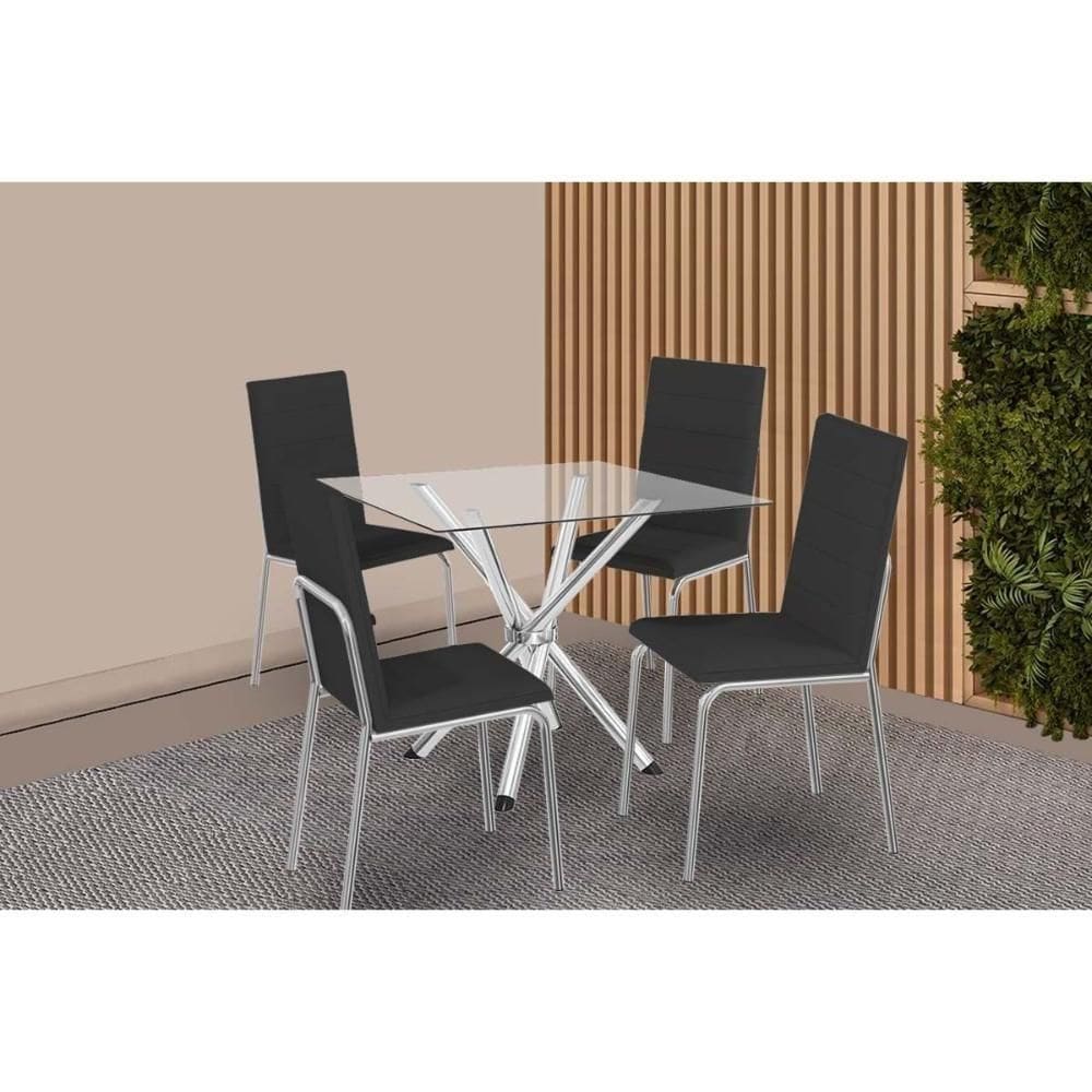Sala De Jantar Completa Volga C/ Tampo De Vidro 90cm E 4 Cadeiras Amsterdã Cromada - Courano Preto - Kappesberg
