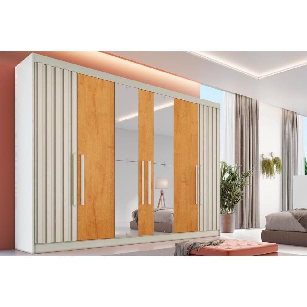 Guarda Roupa Casal 6 Portas (2 Ripadas E 2 C/ Espelho) E 6 Gavetas Potente Off White/peroba - Europa