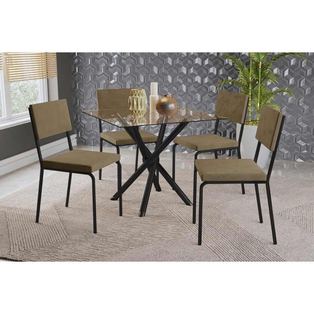Sala De Jantar Completa Volga C/ Tampo De Vidro 90cm E 4 Cadeiras Zaria Preto - Suede Bege - Kappesberg
