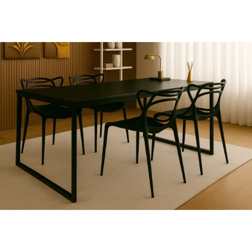 Conjunto Mesa de Jantar Industrial 120x80cm com 4 Cadeiras Allegra Pretas – Tampo Preto e Pés Metálicos