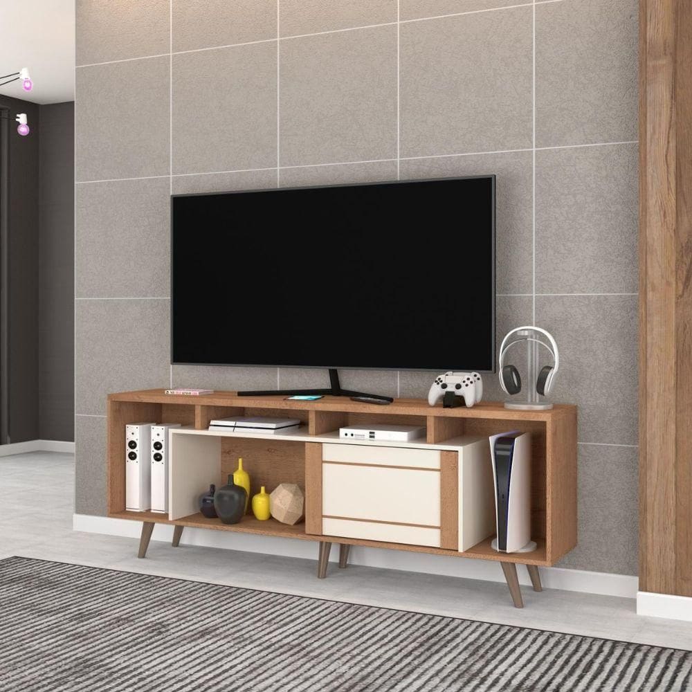 Rack Para TV até 75” 1 Porta de Correr Nature/Off White Roma Atualle