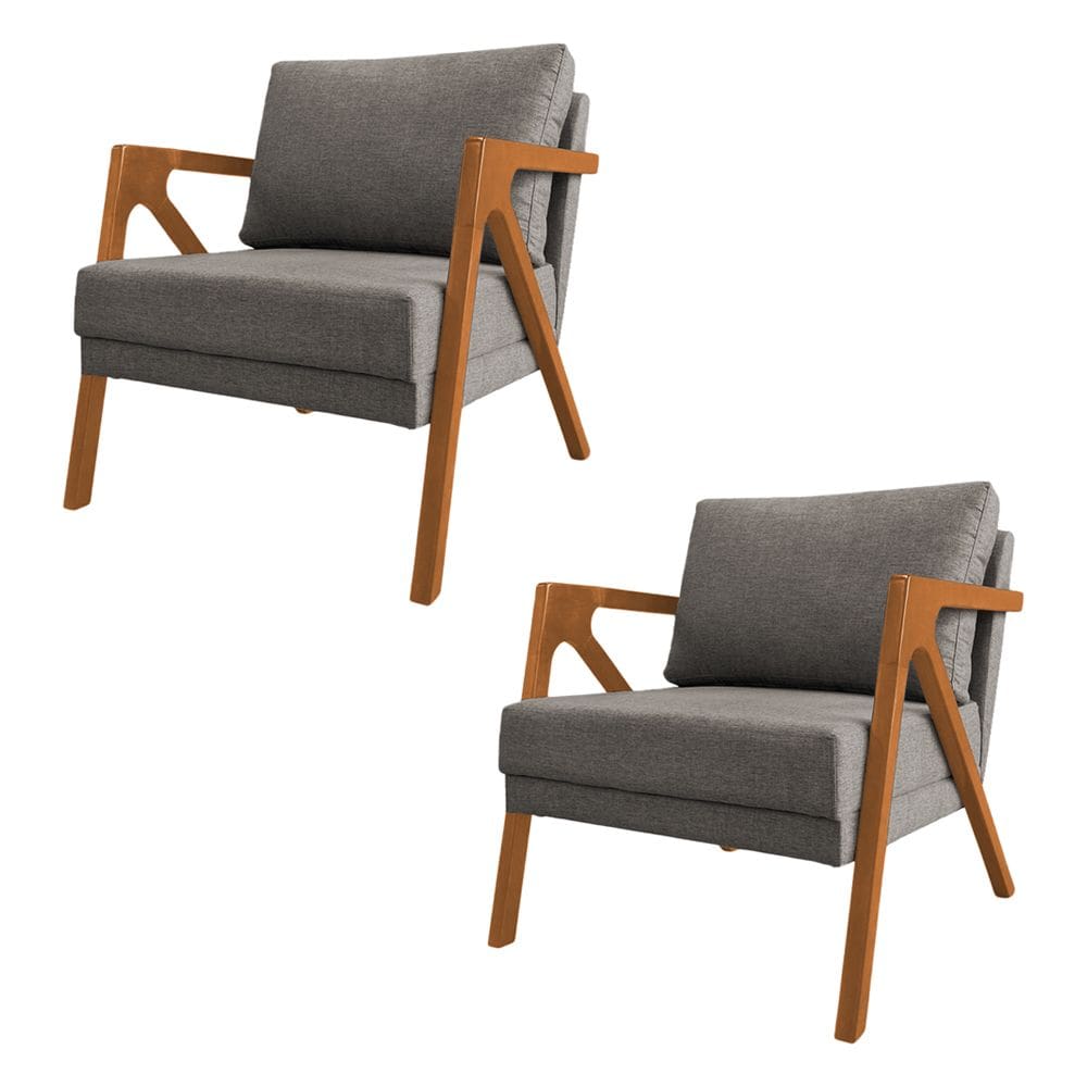 Kit 2 Poltronas Mona Monique Luxo Base Madeira Maciça Cerejeira Linho Grafite