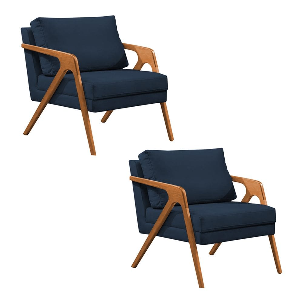 Kit 2 Poltronas Mona Monique Luxo Base Madeira Maciça Cerejeira Veludo Azul