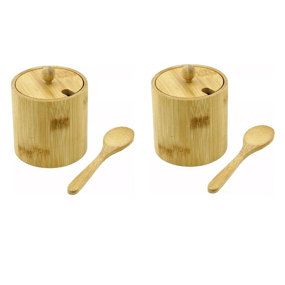 Kit 2 Potes De Açúcar Sal Mantimento Luxo Com Colher Bambu Temperos