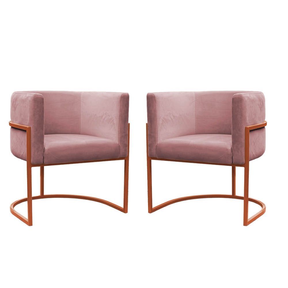 Kit 2 Poltronas Reforçadas Decorativa Sala Carla Base Ferro Bronze Suede Rose