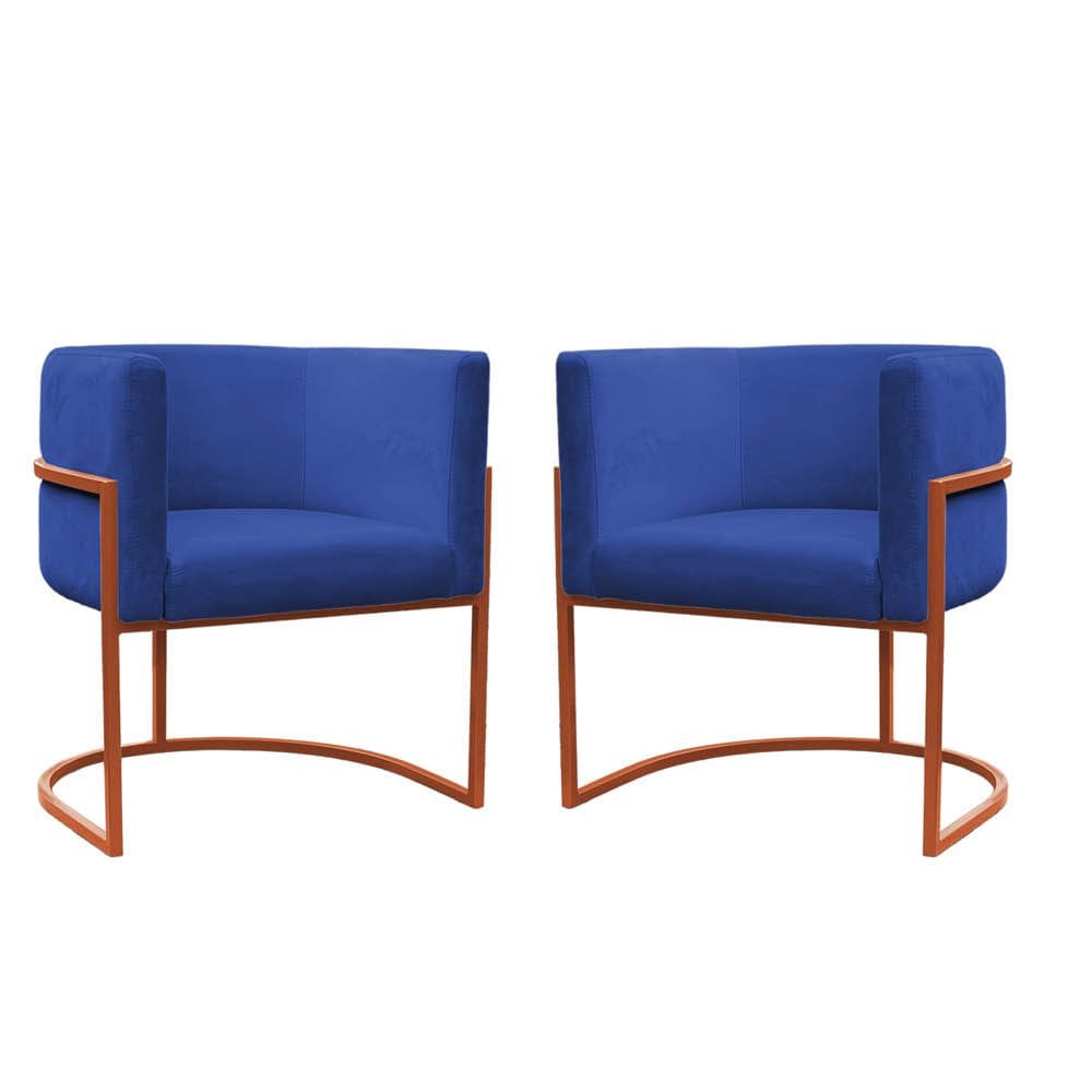 Kit 2 Poltronas Reforçadas Decorativa Sala Carla Base Ferro Bronze Suede Azul Marinho