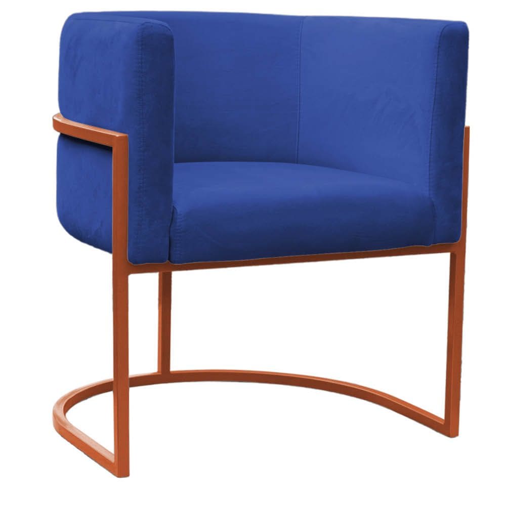 Poltrona Reforçada Decorativa Sala Carla Base Ferro Bronze Suede Azul Marinho